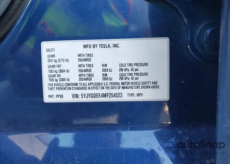 2021 Tesla Model Y Long Range Dual Motor All-Wheel Drive из США, поврежденный, VIN 5YJYGDEE4MF254523